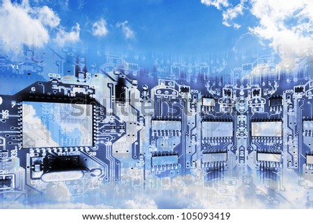 Circuit Board Superimposed on Cloudy Sky- Conceptual Image of Cloud Computing