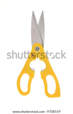 Yellow handle kitchen scissors on white background