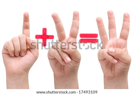 Child hands showing one plus two equal three