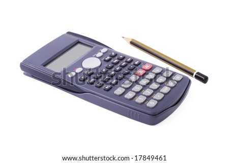 Scientific calculator and pencil on white background