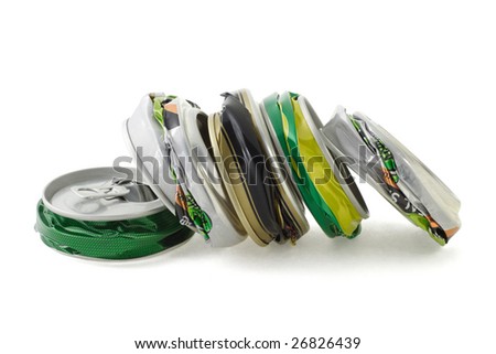 Colorful crushed cans on white background