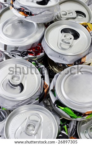 assorted aluminum crushed cans for recycling