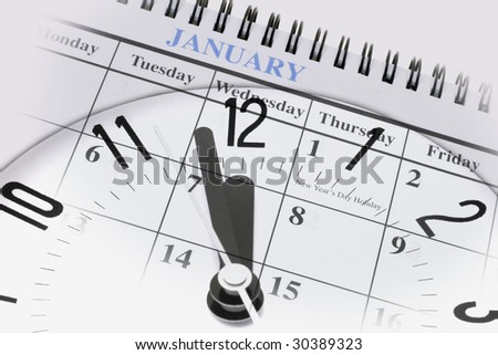New year countdown  Composite image of time approaching 12 mid night and calendar showing new year January 1