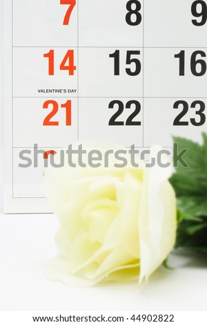 Yellow rose next to calendar page showing Valentine\'s day