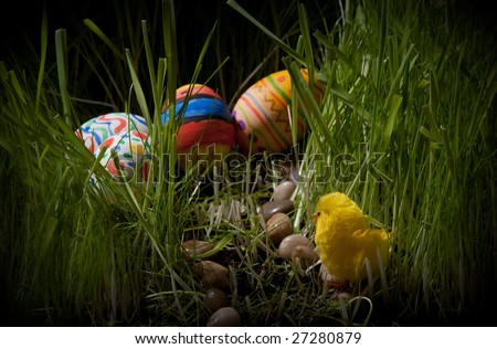 Easter chick found a secret place where easter eggs are laid on the grass