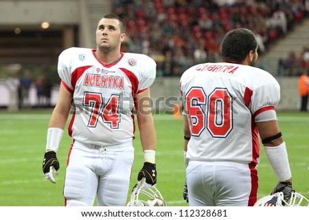 WARSAW, POLAND - SEPTEMBER 1: American football player, US team member Henry Glackin (OL/DL) looks at the audience during Euro-American Challenge match on September 1, 2012 in Warsaw.