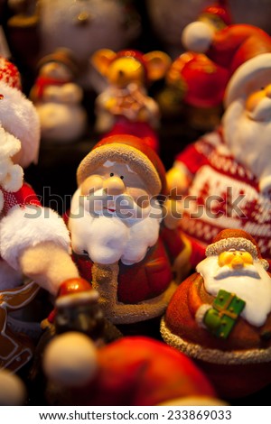 SAnta Clause statuette. Christmas decoration selling during Christmas market. Macro, background, postcard. Nobody. Christmas preparation, boxing day, gift.