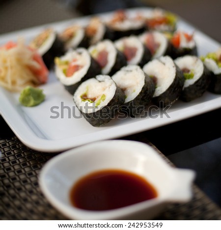 Fresh made selection of sushi - traditional japan food from rice, nori and fresh fish