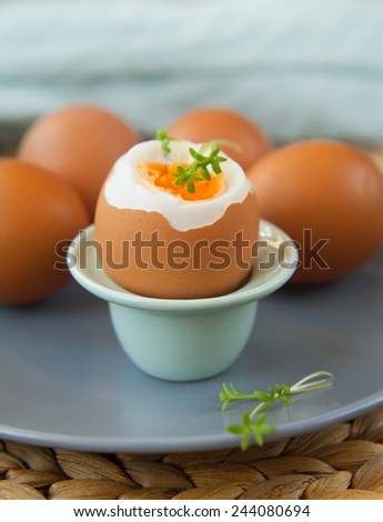 Hard-boiled eggs are presented on grey plate put on straw table mat. Typical meal for Easter. Whole is decorated with green cress twig.