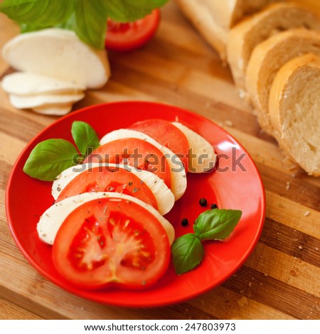 Caprese salad.Cut mozzarella cheese and cut fresh tomatoes presented on a white plate with tomato and mozzarella sandwich.Surrounded by fresh baguette.