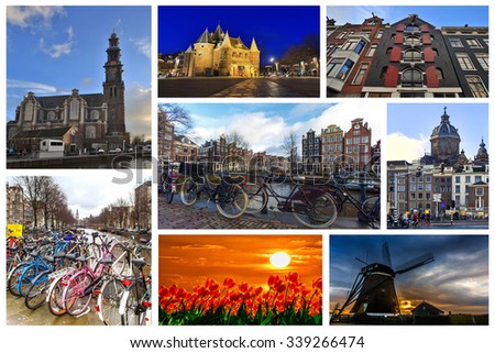 Collection or collage of Amsterdam pictures, iconic Dutch city scenery and touristic eyes catching in The Netherlands