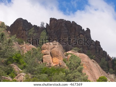 Some of the massive monoliths and spires in the Pinnacles National Monument, California, formed by an ancient volcano and the San Andreas Fault