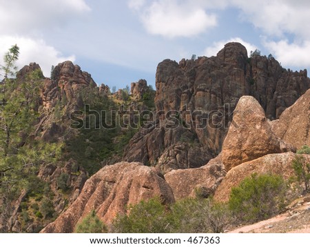 More monoliths and spires of the Pinnacles National Monument, California, formed by an ancient volcano and the tectonic uplift of the San Andreas Fault