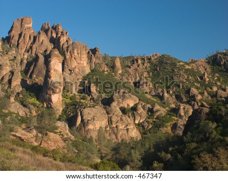 The shards of broken rock created by uplift along the San Andreas Fault protrude like fingers into the sky in the Pinnacles National Monument