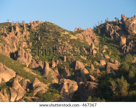 Volcanic boulders litter the side of the mountain on the western side of the Pinnacles National Monument in California.