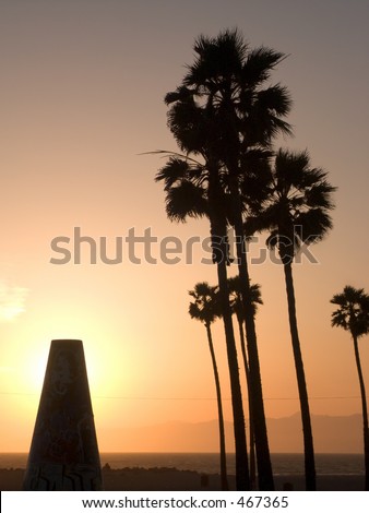 The setting sun glows behind a triangular structure, silhouetting the pam trees in the classic Southern California scene