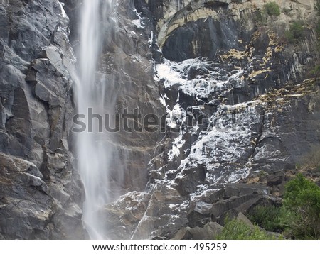 Snow covers the rocks in this close up of the Bridalveil Falls in Yosemite National Park.  The long exposure turns the water silky.