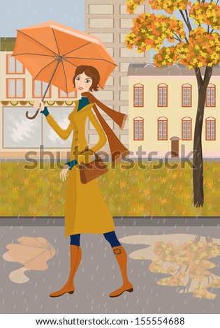 Lady and autumn city. Illustration of girl with a umbrella on a background of city. Autumn landscape and rain.
