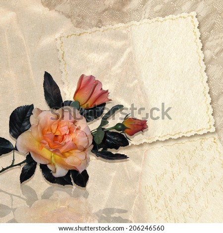 Greeting card with roses. Beautiful background with bouquet of flowers and romantic letters. Retro style. Raster image.