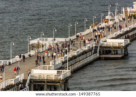 SOPOT, POLAND - JULY 13: Aerial view on the wooden pier in  Sopot, taken on July 13, 2013. The pier in Sopot built in 1827, at  511 m remains the longest wooden pier in Europe.