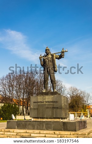 ZABRZE, POLAND - MARCH 22, 2014: Monument to Wincenty Pstrowski (1904-1948) miner, member of communist party, leader of \