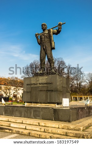 ZABRZE, POLAND - MARCH 22, 2014: Monument to Wincenty Pstrowski (1904-1948) miner, member of communist party, leader of \
