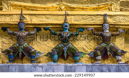 Architectural details of The Wat Phra Kaew (The Temple of the Emerald Buddha) in Bangkok, Thailand.