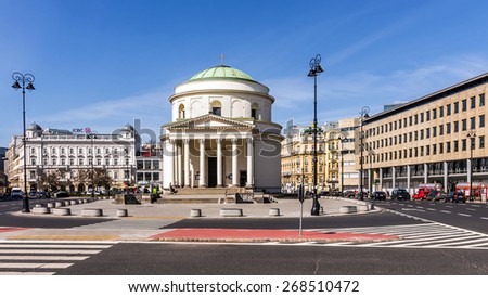 WARSAW, POLAND - APRIL 09, 2015: St. Alexander Church on the Three Crosses Square in the heart of the city, built in the years 1818-1826 in the style of Classicism in honor of Russian Tsar Alexander I