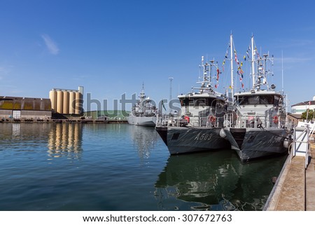 YSTAD, SWEDEN - AUGUST 6, 2015: Warships moored in the Port of Ystad during Nordic Cadet Meeting (NOCA), annual event arranged by naval warfare academies of Sweden, Norway, Denmark and Finland.