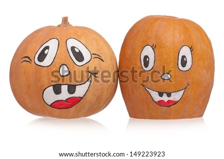 Halloween gourd with funny drawn mug on a white background cutout