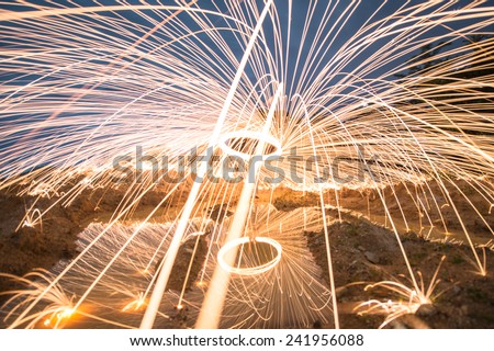 Spinning fire and light by use steel wool with the twilight time and blue hour
