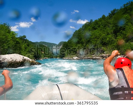 rafting boat on the fast mountain river in Montenegro