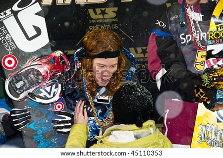 PARK CITY, UT - JANUARY 22: Shaun White receives his gold medal after winning the US Snowboarding Grand Prix on January 22, 2010 in Park City, Utah.