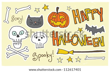 Happy Halloween! Spooky! Scary! A fun halloween montage of elements. Happy Halloween, Scary! and Spooky! typographic elements are intermingled with classic icons.