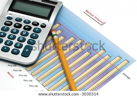 Stock Market Volume Bar Chart, Calculator and Pencil