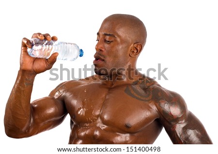 Black bodybuilder pouring cold water on himself to cool down after a hard workout. Strong man with perfect abs, shoulders,biceps, triceps and chest. Isolated on white background