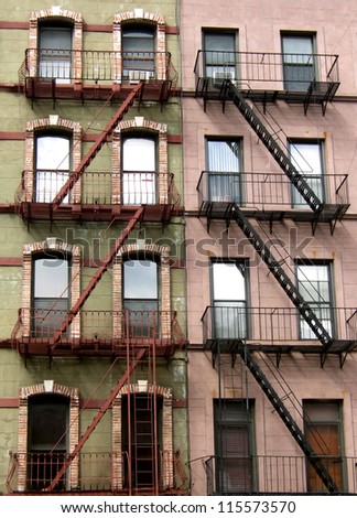 Colorful apartments and fire escapes in New York.
