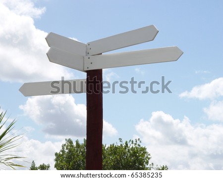 Blank sign post leading five ways