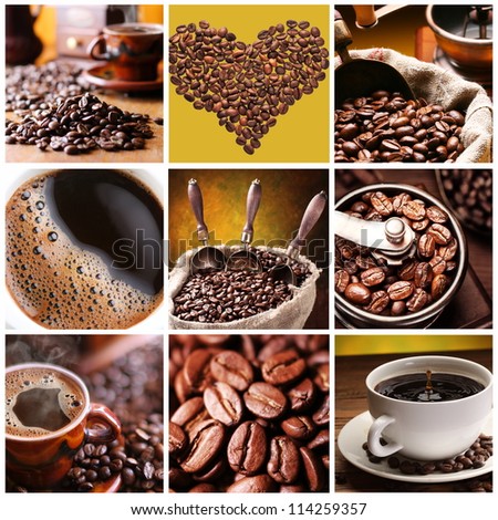 Collection of Coffee. Nine images of different types of coffee and accessories.