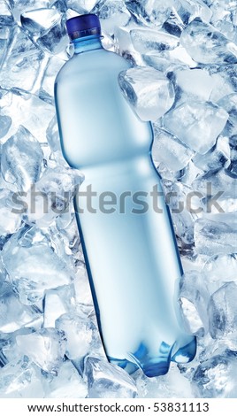 Bottle of water in ice cubes