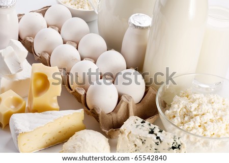 Protein products: cheese, cream, milk, eggs. On a white background.