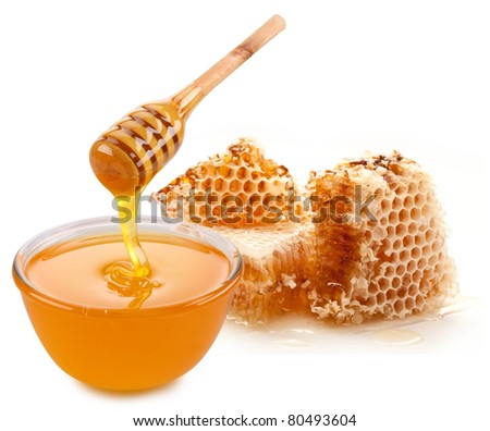 stock photo : Pot of honey and wooden stick. Isolated on a white background.