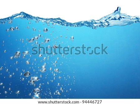 Air bubbles rise from the bottom of the ocean to the surface. Above the water is a white background.