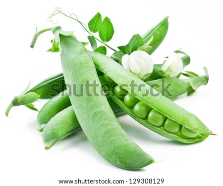 Pods of green peas with leaves on white background Pods of green peas with leaves on white background