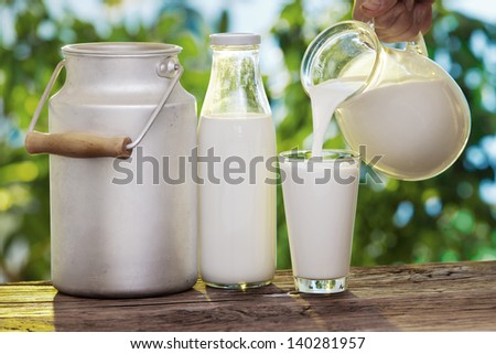 Pouring milk in the glass on the background of nature.