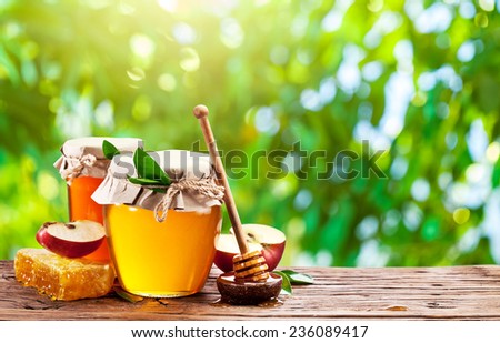 Glass cans full of honey, apple and combs on wooden table at the garden.