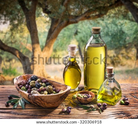 Olives and olive oil in a bottle on the background of the evening olive grove.
