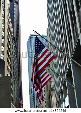 American flags on the buildings in downtown, New York City, USA
