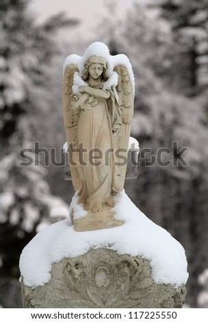 Snow covered angel statue