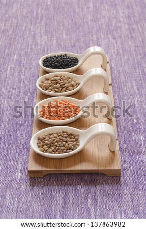 Close-up view of four different variety of Organic Lentils: (back to front) Black Beluga, Green, Red, Small Umbrian Lentils.